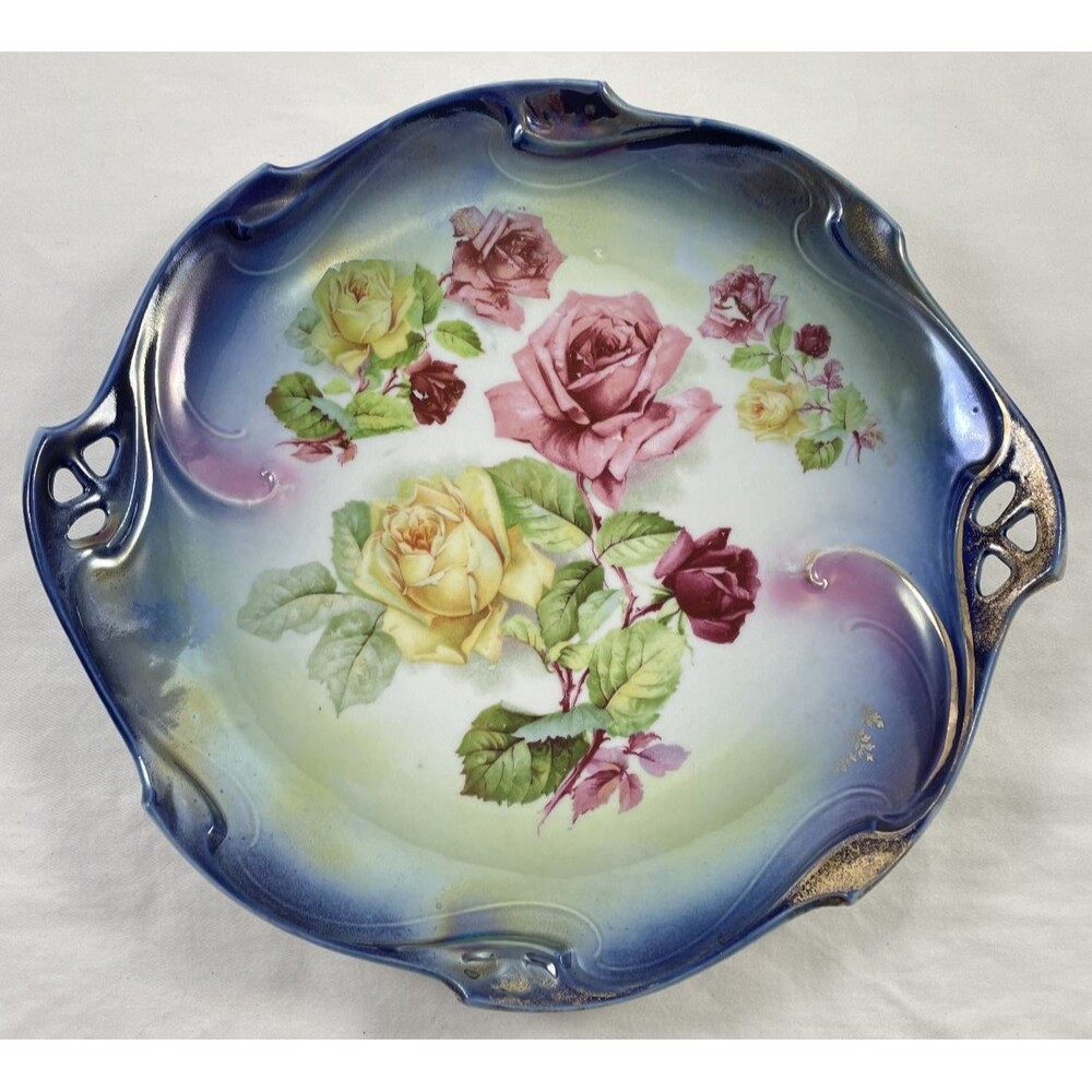 IPF Blue Floral Cake Plate Handled 10 x 9.25" Germany Yellow Pink Rose Vintage